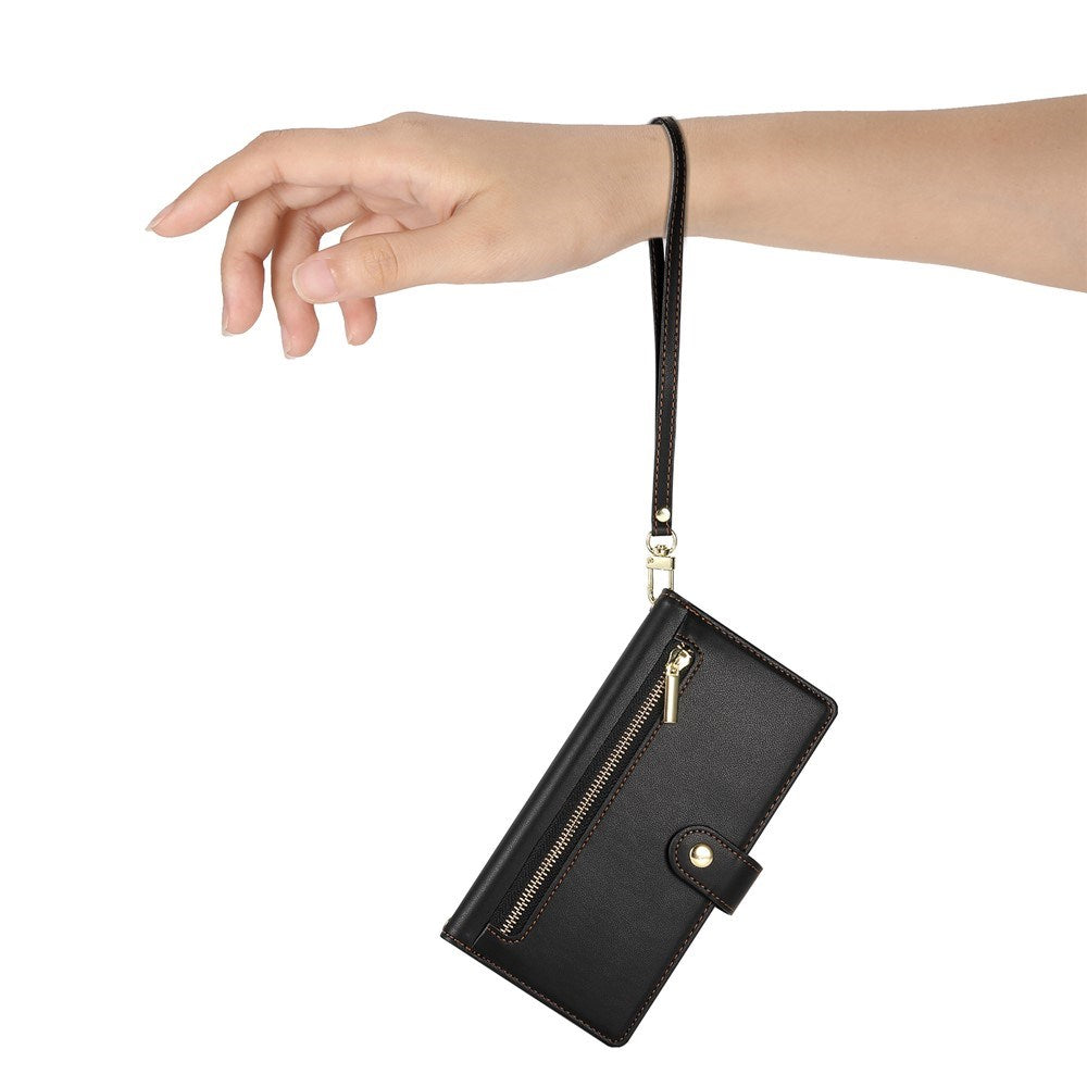 EIDERWOOD iPhone 17 Flip Case with Card Holder / Zipper Pocket / Strap - Black