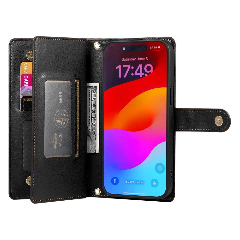 EIDERWOOD iPhone Air Flip Case with Card Holder / Zipper Pocket / Strap - Black