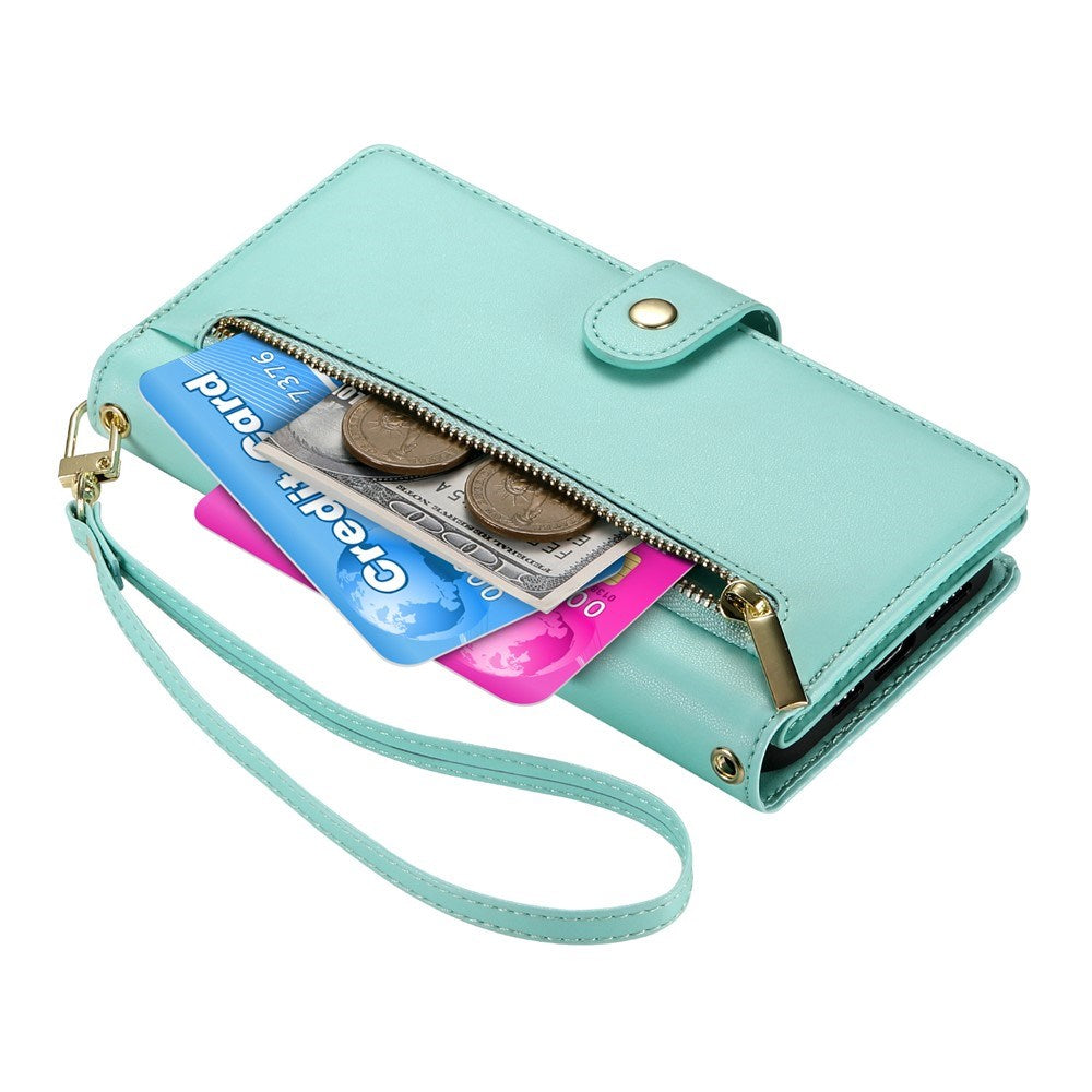 EIDERWOOD iPhone 17 Pro Flip Case with Card Holder / Zipper Pocket / Strap - Turquoise