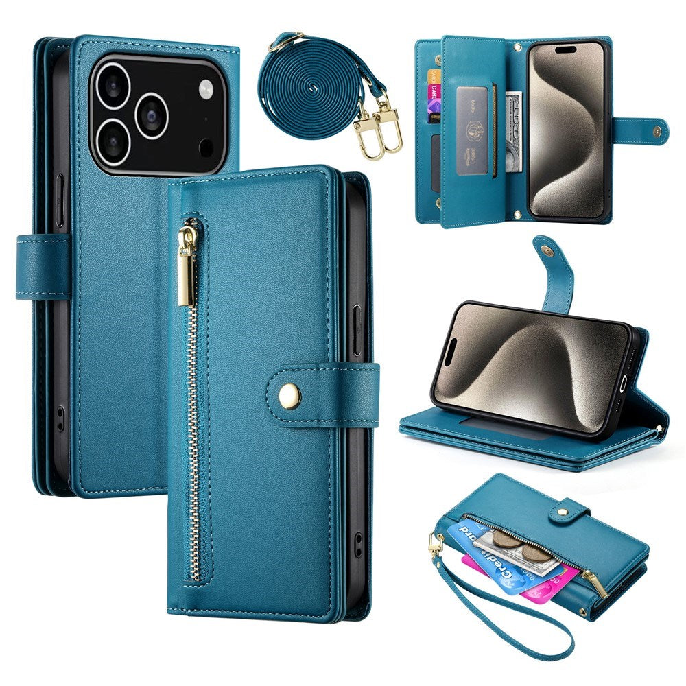 EIDERWOOD iPhone 17 Pro Flip Case with Card Holder / Zipper Pocket / Strap - Blue