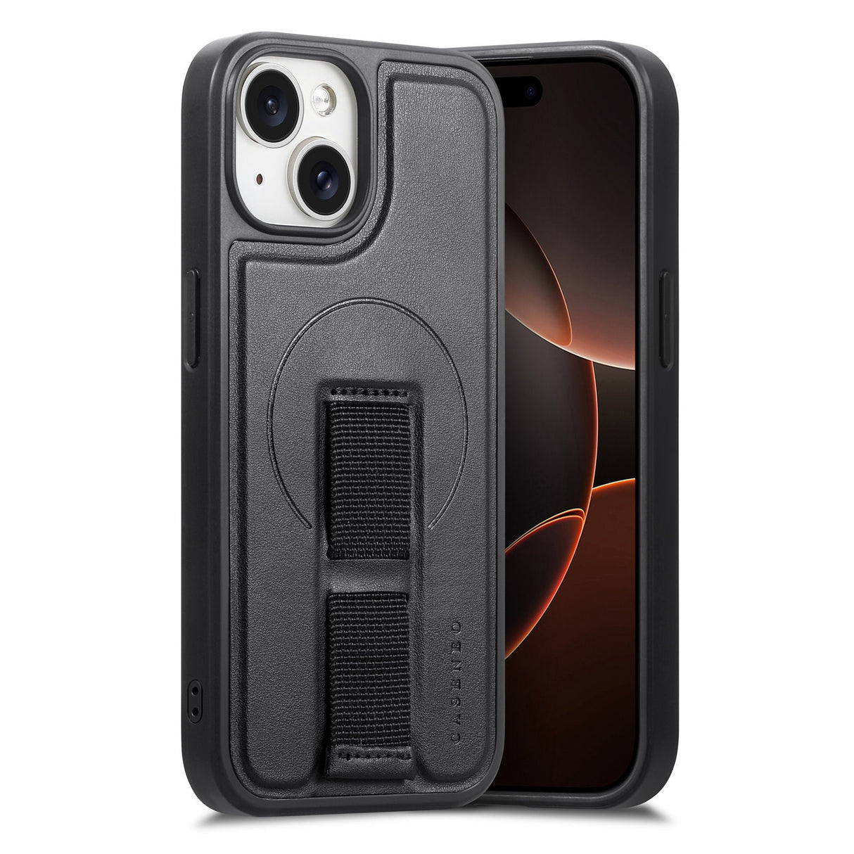 iPhone 14 / 13 Hard Plastic Case with Faux Leather Back & Finger Strap - MagSafe Compatible - Black