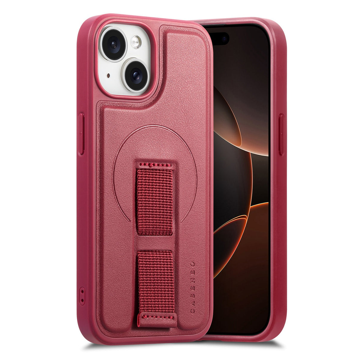 iPhone 14 / 13 Hard Plastic Case with Faux Leather Back & Finger Strap - MagSafe Compatible - Red