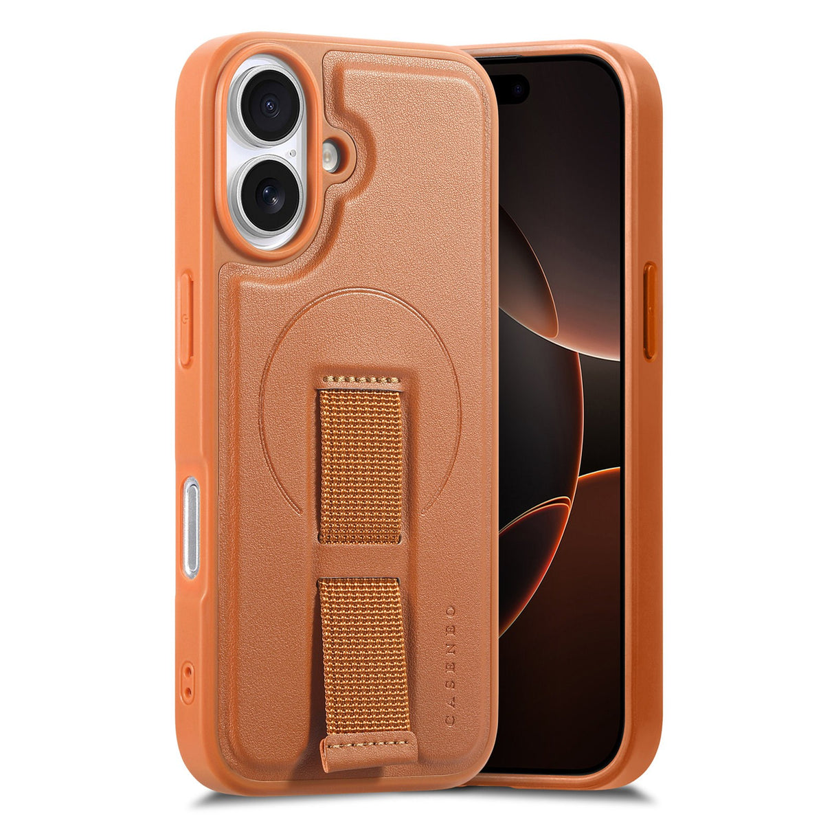 iPhone 16 Hard Plastic Case with Faux Leather Back & Finger Strap - MagSafe Compatible - Brown