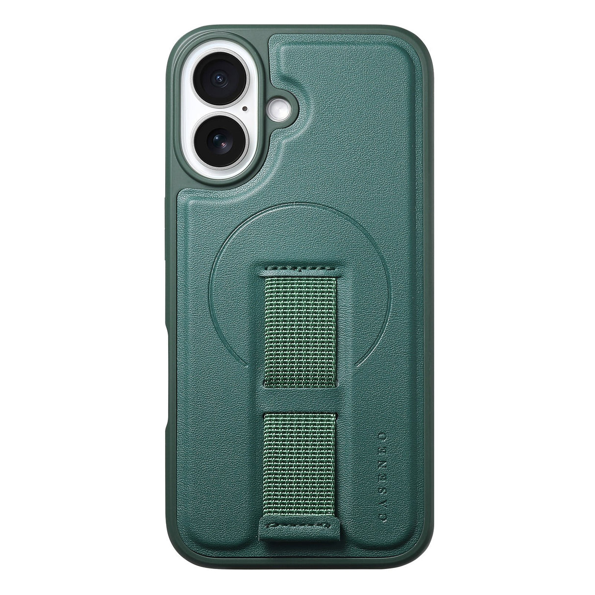 iPhone 16 Hard Plastic Case with Faux Leather Back & Finger Strap - MagSafe Compatible - Green