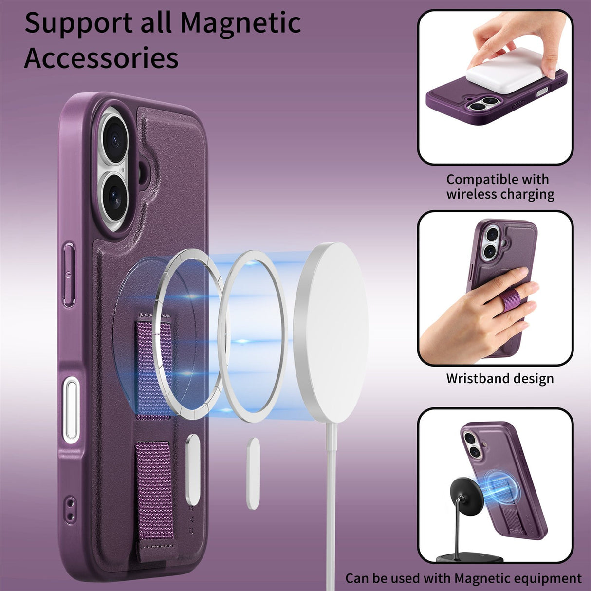 iPhone 16 Hard Plastic Case with Faux Leather Back & Finger Strap - MagSafe Compatible - Purple