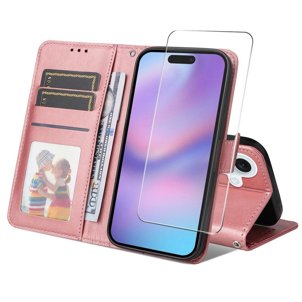 EIDERWOOD iPhone 17 2-in-1 Faux Leather Flip Case with Screen Protector Glass - Pink