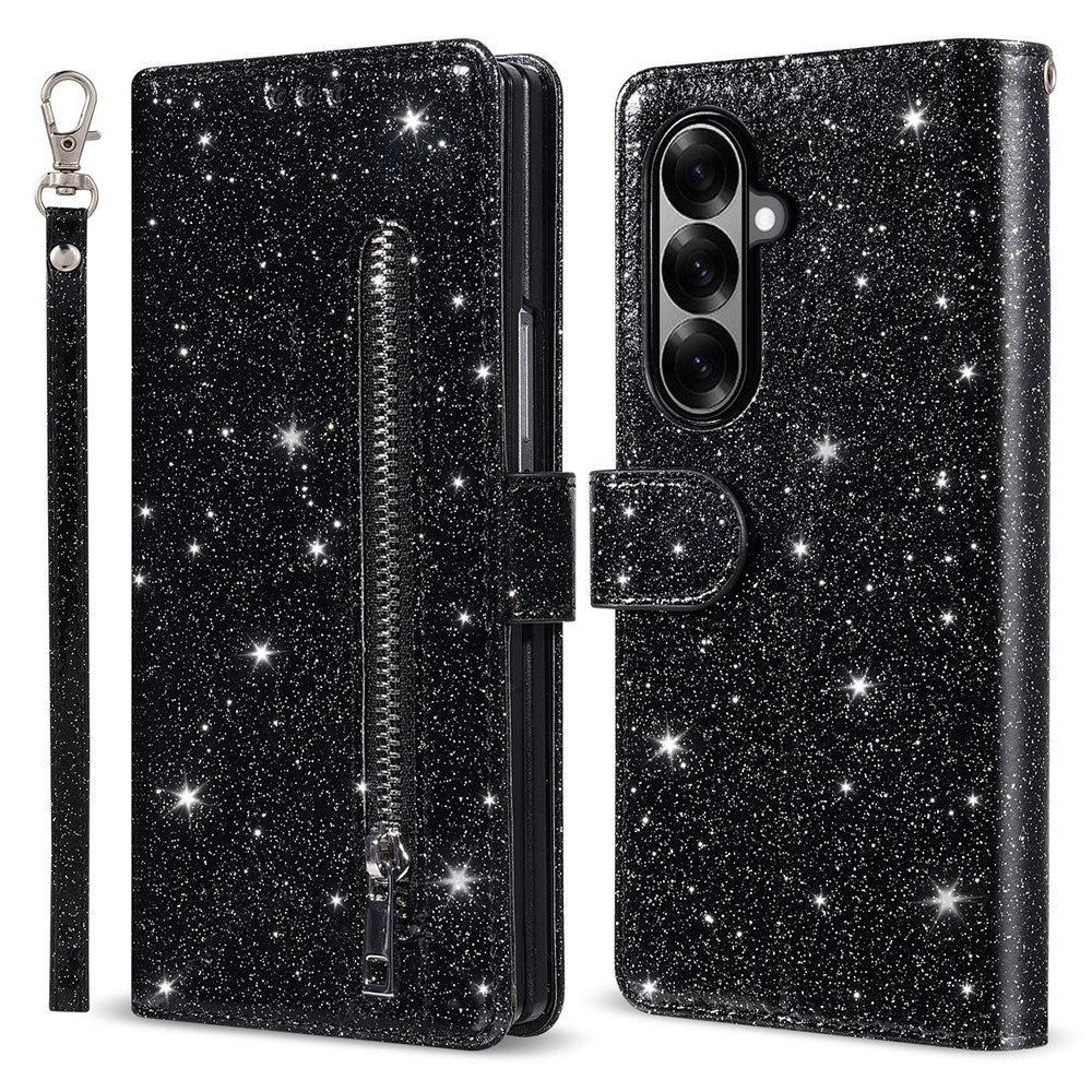 EIDERWOOD Samsung Galaxy Z Fold7 Glitter Flip Case with Wallet & Strap - Black