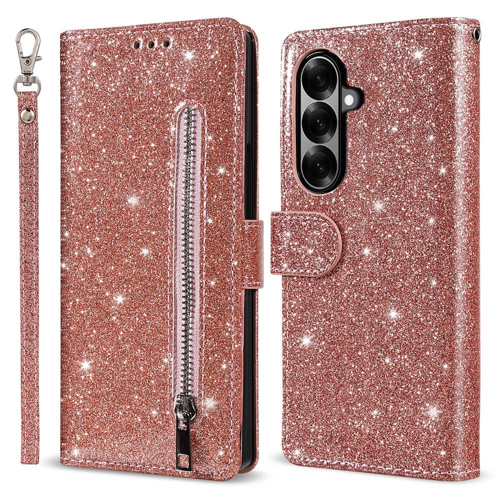 EIDERWOOD Samsung Galaxy Z Fold7 Glitter Flip Case with Wallet & Strap - Rose Gold