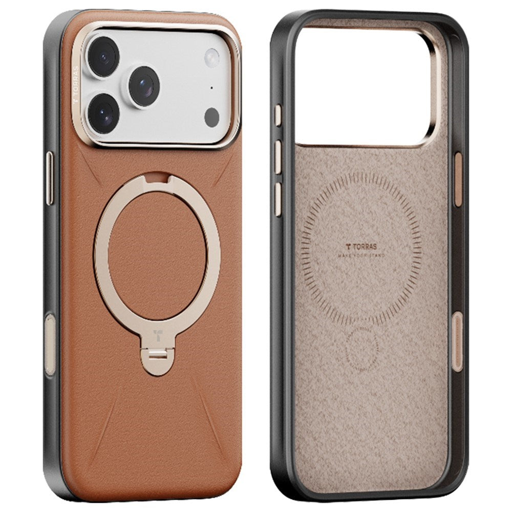 TORRAS iPhone 17 Pro Max Ostand Spin Faux Leather Case with Rotating Kickstand - MagSafe Compatible - Brown