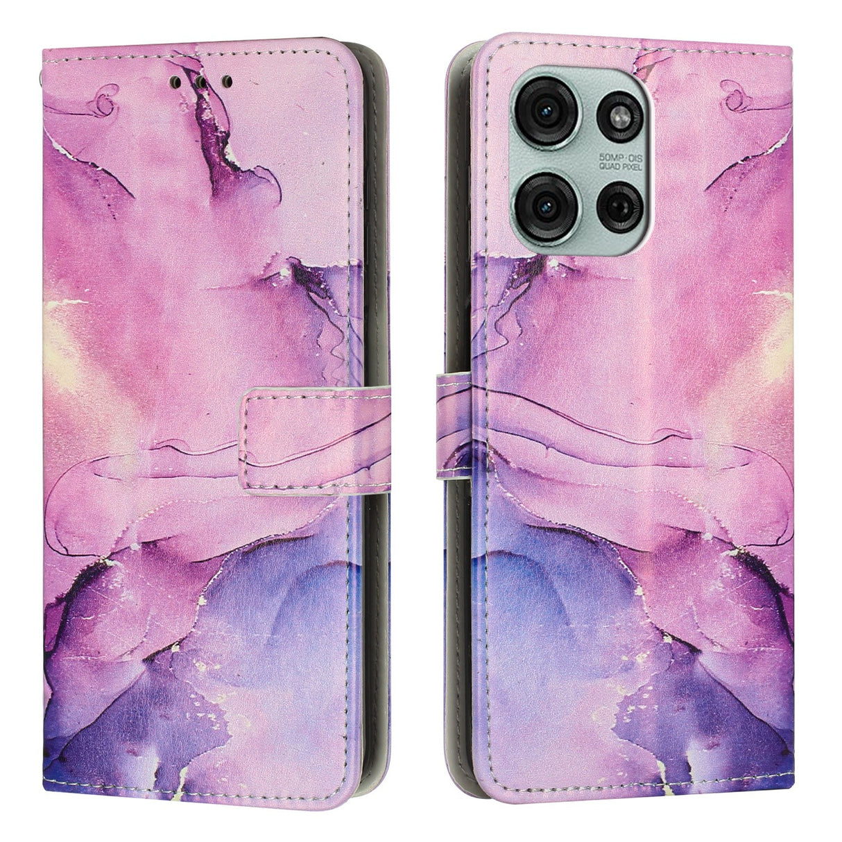 EIDERWOOD Motorola Moto G56 Marble Patterned Faux Leather Flip Case with Strap - Purple