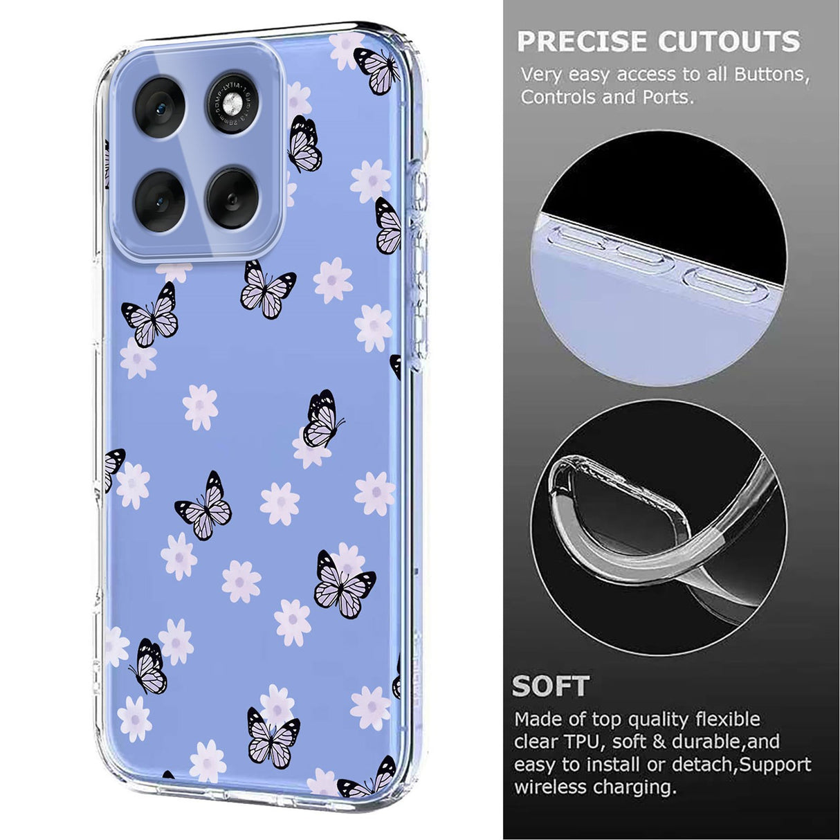 EIDERWOOD Motorola Moto G56 Flexible Plastic Case with Floral Motif - Transparent / Butterflies