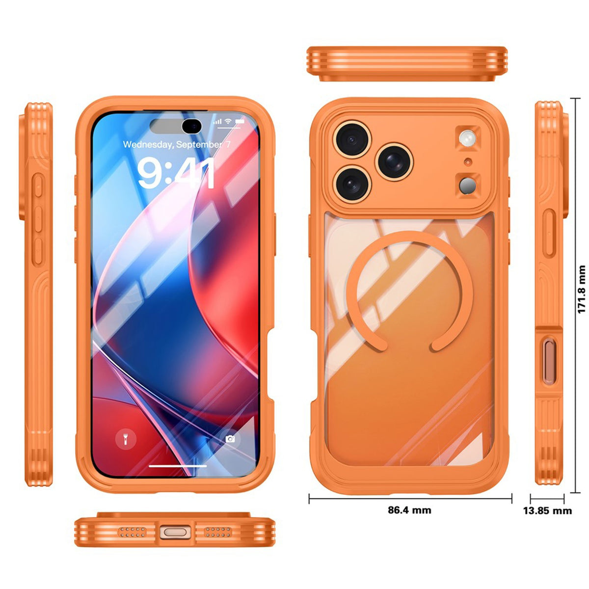 iPhone 18 Pro Max / 17 Pro Max Hybrid Plastic Case with Built-In Screen Protector - MagSafe Compatible - Transparent / Orange