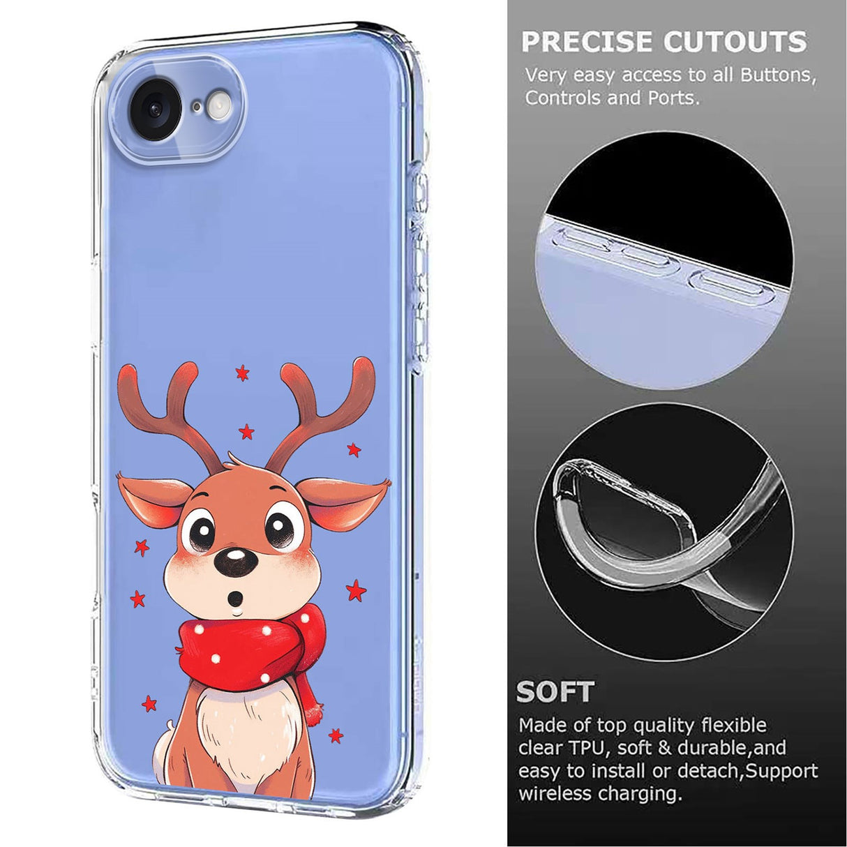 EIDERWOOD iPhone 16e Flexible Plastic Christmas Case with Motif - Transparent / Reindeer