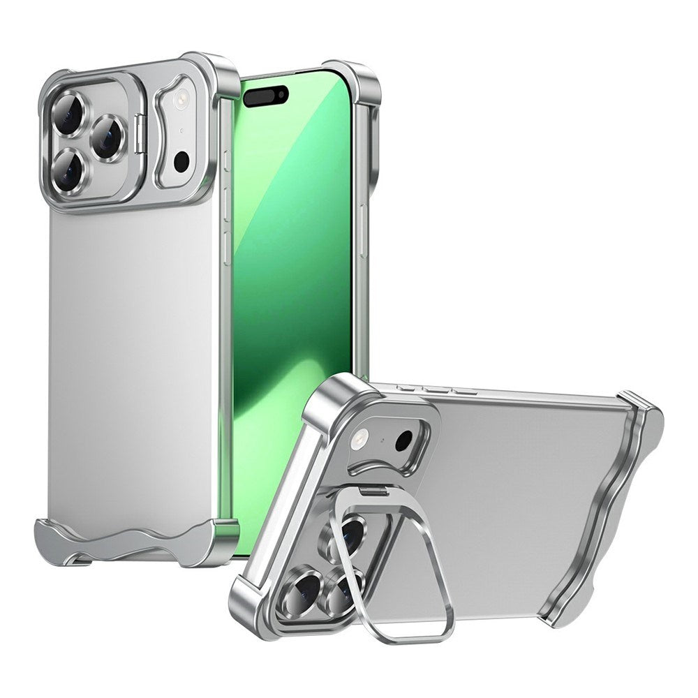 iPhone 17 Pro Two-Piece Metal Bumper Case with Stand & Lens Protector - Silver