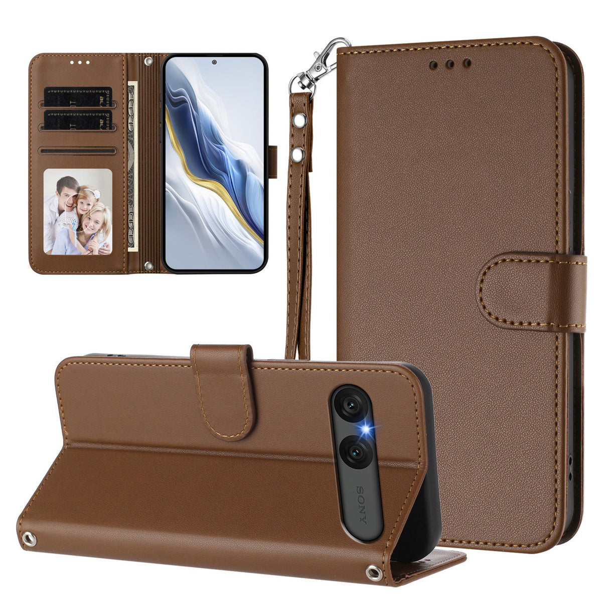 EIDERWOOD Sony Xperia 10 VII Faux Leather Flip Case with Card Holder & Strap - Brown
