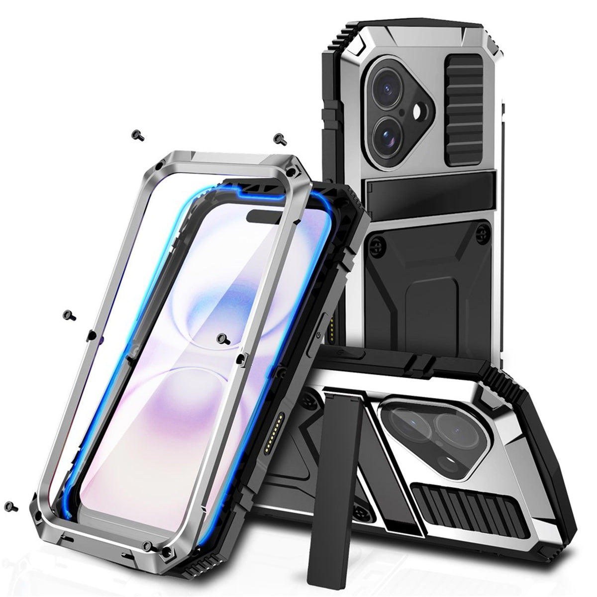 iPhone 17 R-JUST Hybrid Rugged Case with Built-In Screen Protector & Kickstand - Silver