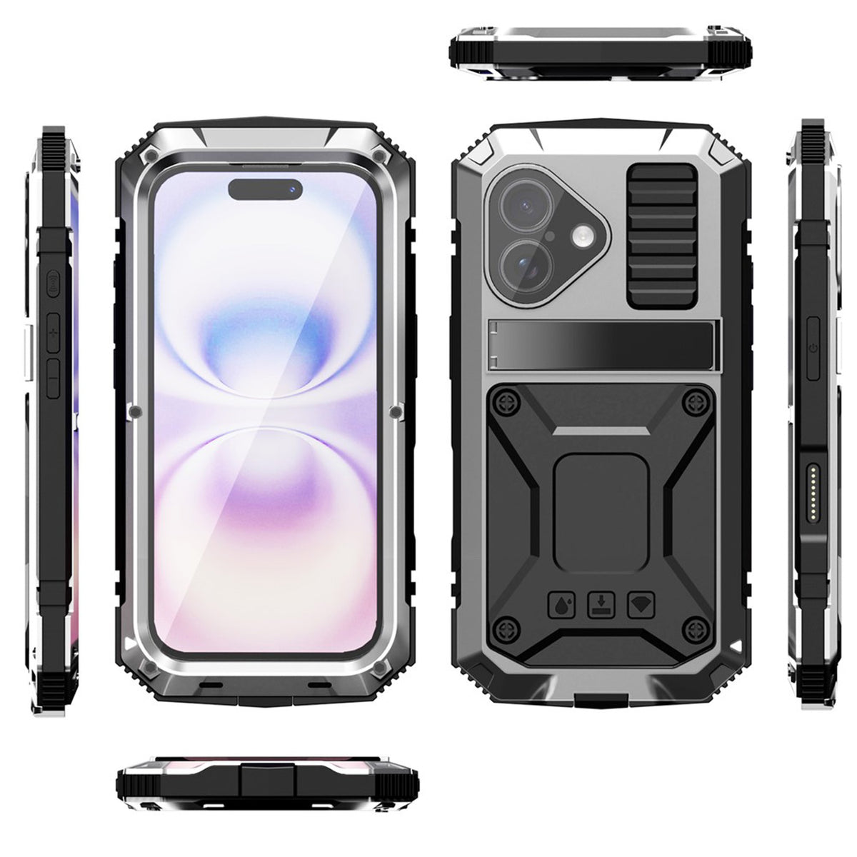 iPhone 17 R-JUST Hybrid Rugged Case with Built-In Screen Protector & Kickstand - Silver