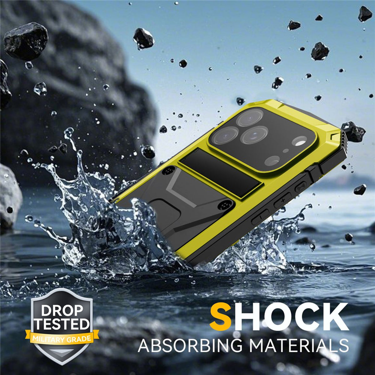 iPhone 18 Pro / 17 Pro R-JUST Hybrid Rugged Case with Built-In Screen Protector & Kickstand - Yellow