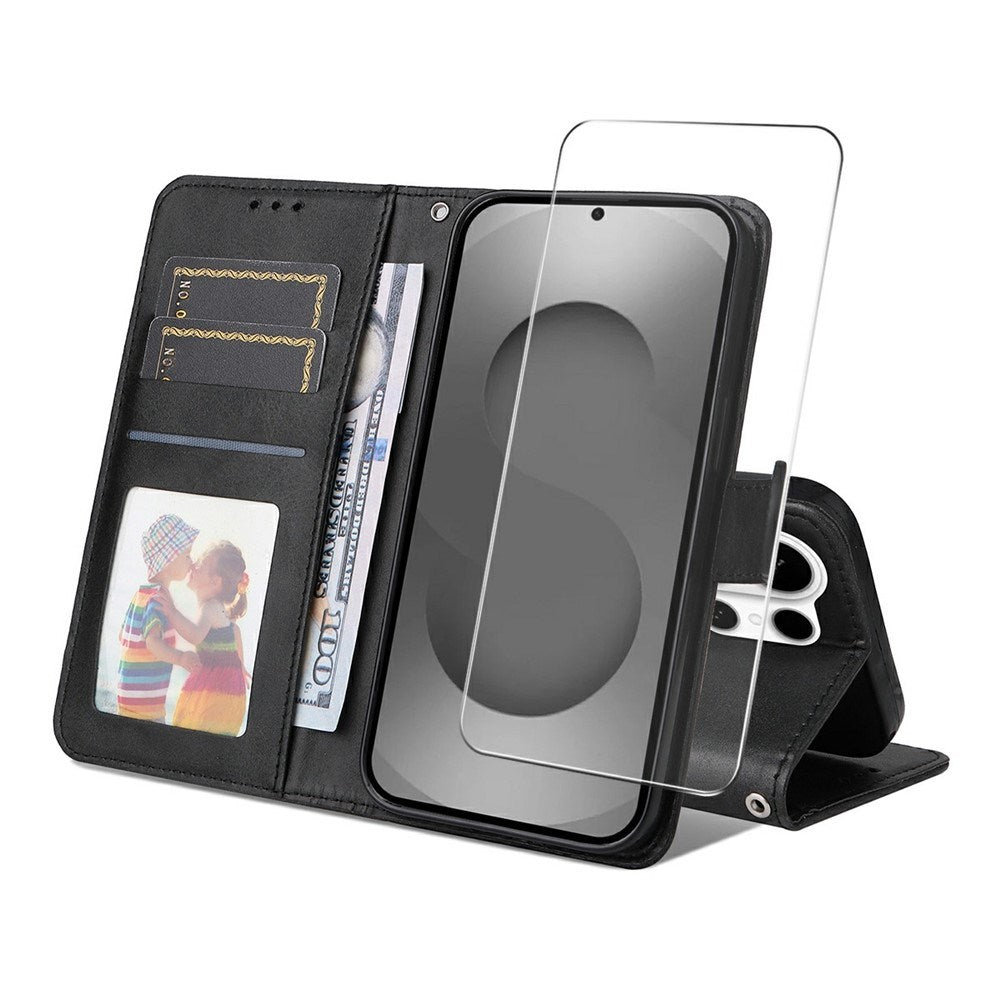 Samsung Galaxy S26 Ultra ENKAY 2-in-1 Faux Leather Flip Case with Screen Protector Glass - Black