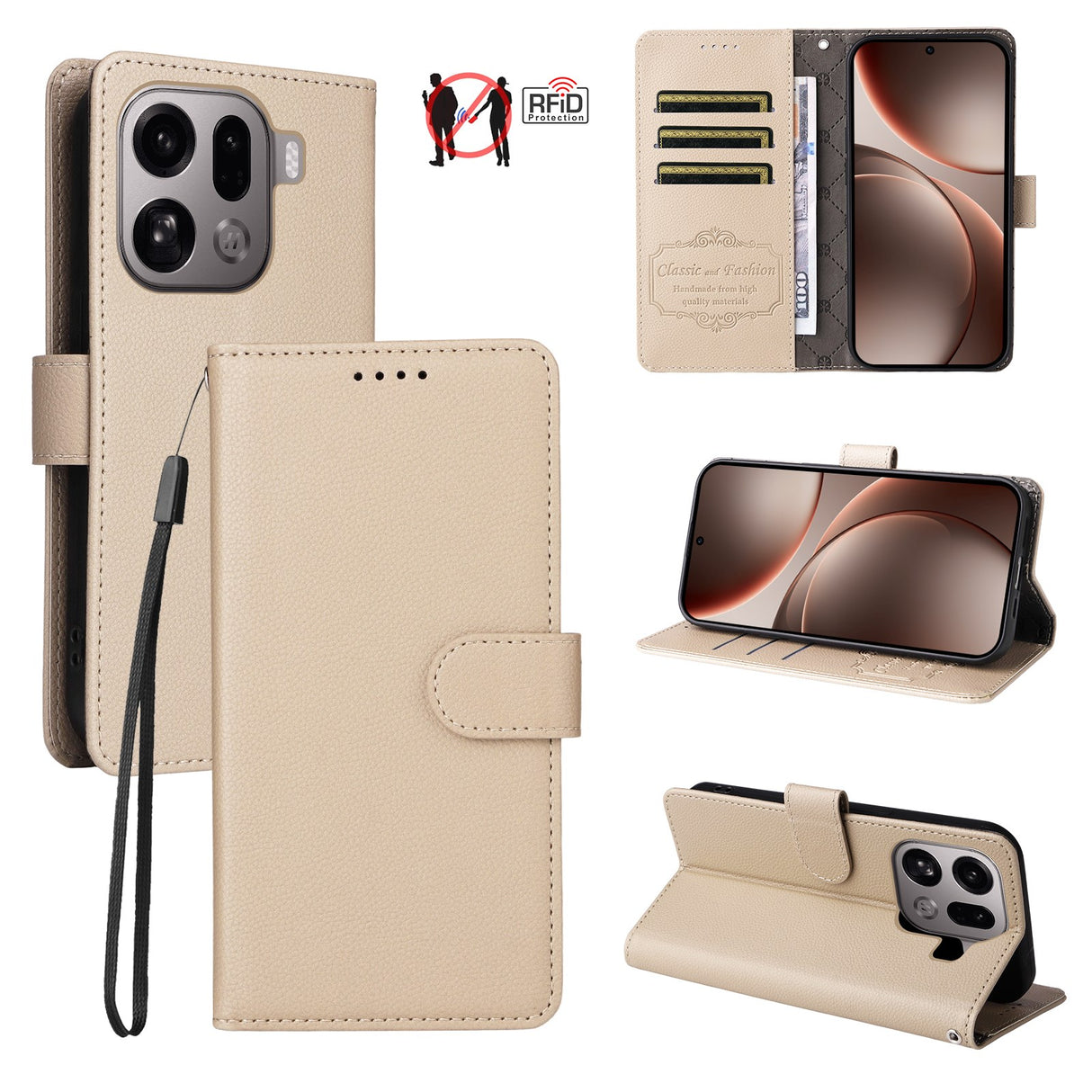 EIDERWOOD Oppo Find X9 Pro Faux Leather Flip Case with Strap - Beige