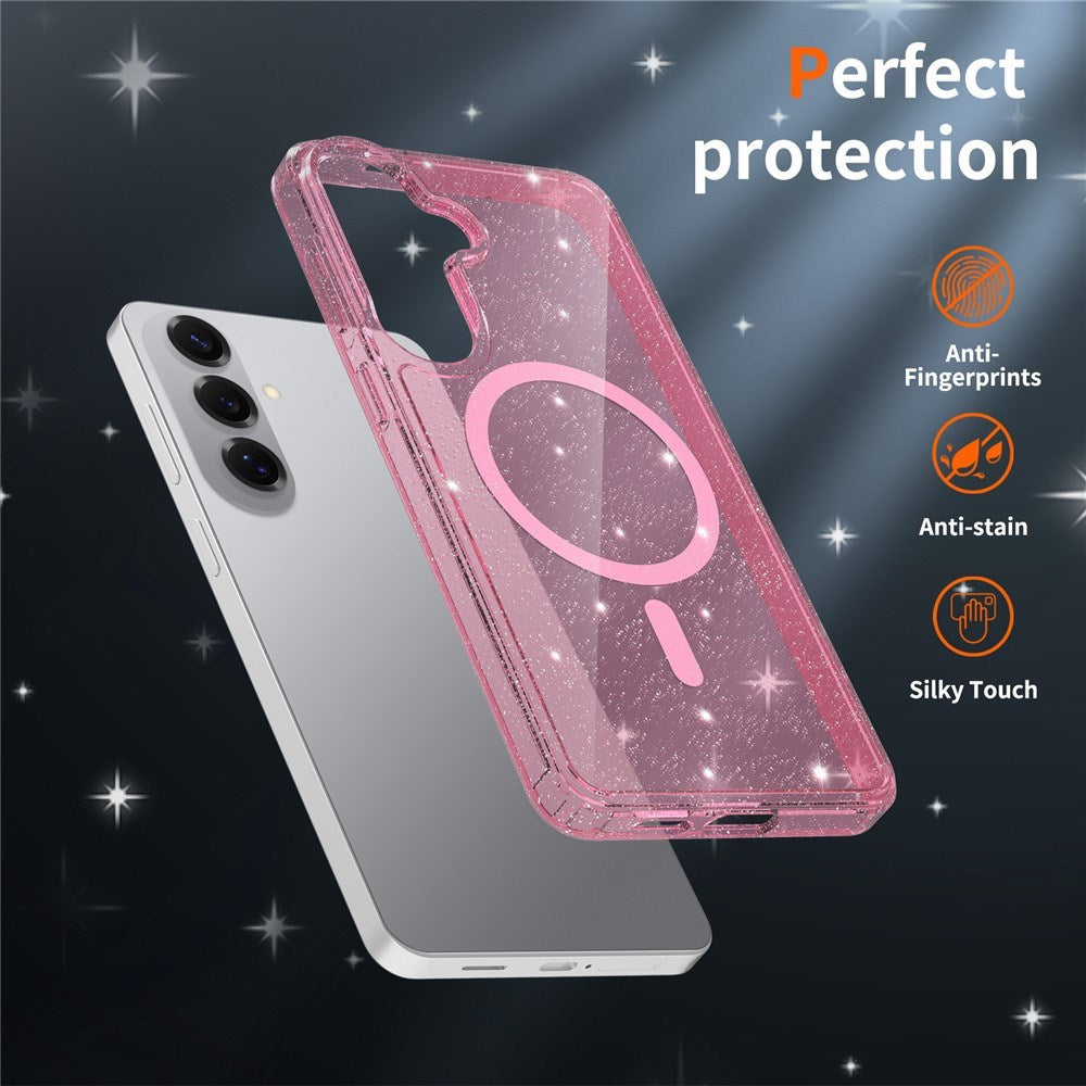 Samsung Galaxy S26+ (Plus) EIDERWOOD Magnetic Plastic Glitter Case with Screen Protector Glass – MagSafe Compatible – Transparent / Pink