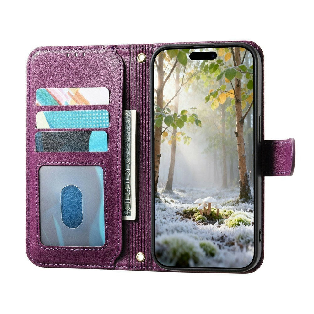 iPhone 18 Pro / 17 Pro EIDERWOOD Faux Leather Flip Case with Texture & Strap - Purple