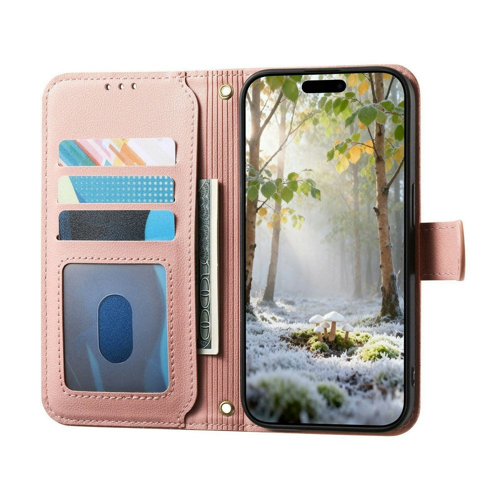 iPhone 18 Pro / 17 Pro EIDERWOOD Faux Leather Flip Case with Texture & Strap - Pink