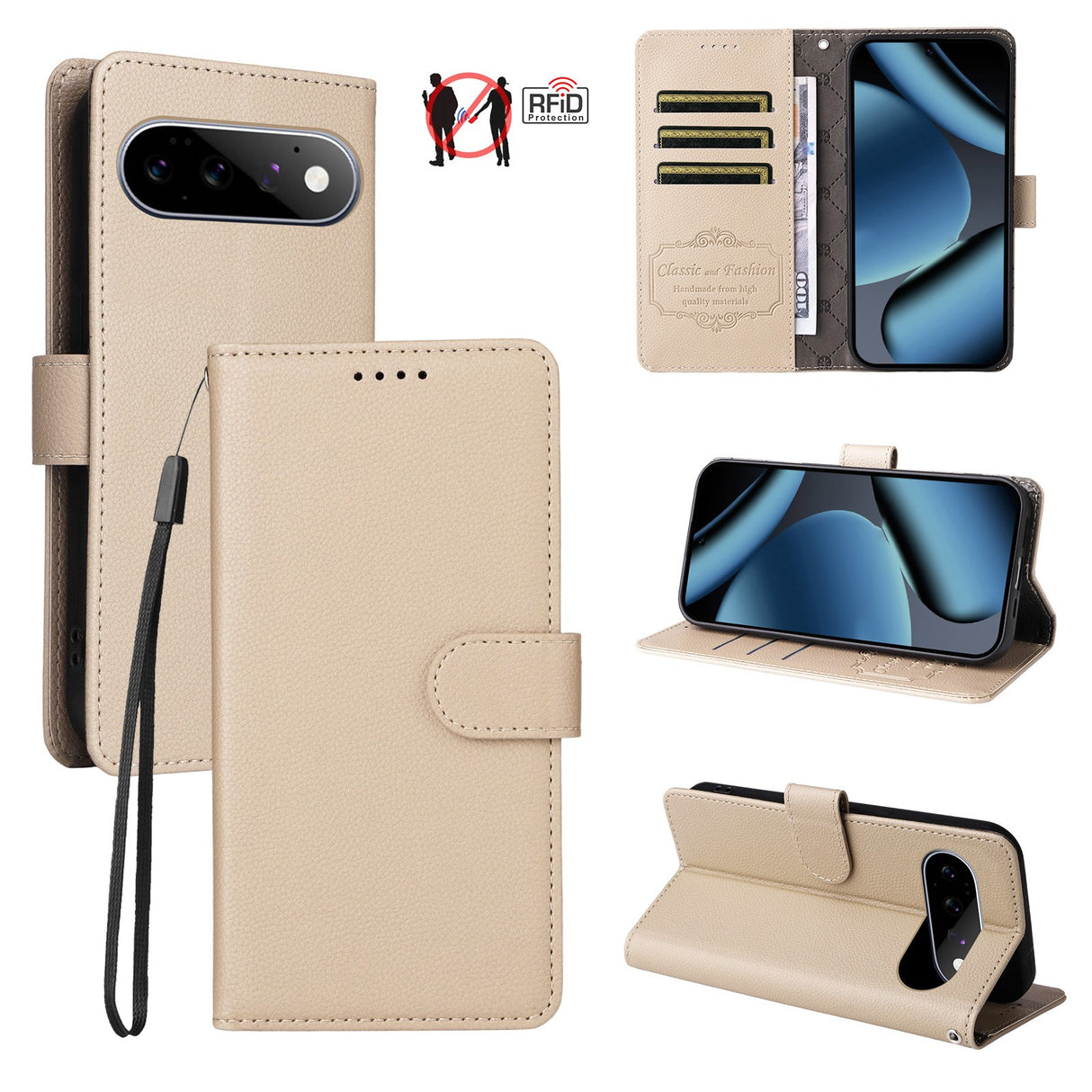EIDERWOOD Google Pixel 11 / 11 Pro Flip Case - Card Holder & Wrist Strap - Beige