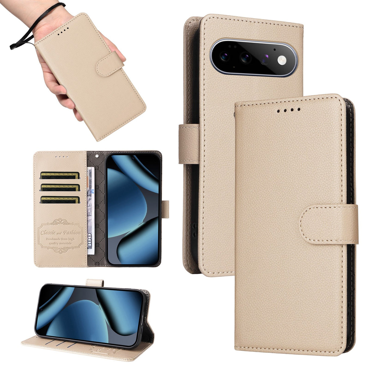 EIDERWOOD Google Pixel 11 / 11 Pro Flip Case - Card Holder & Wrist Strap - Beige