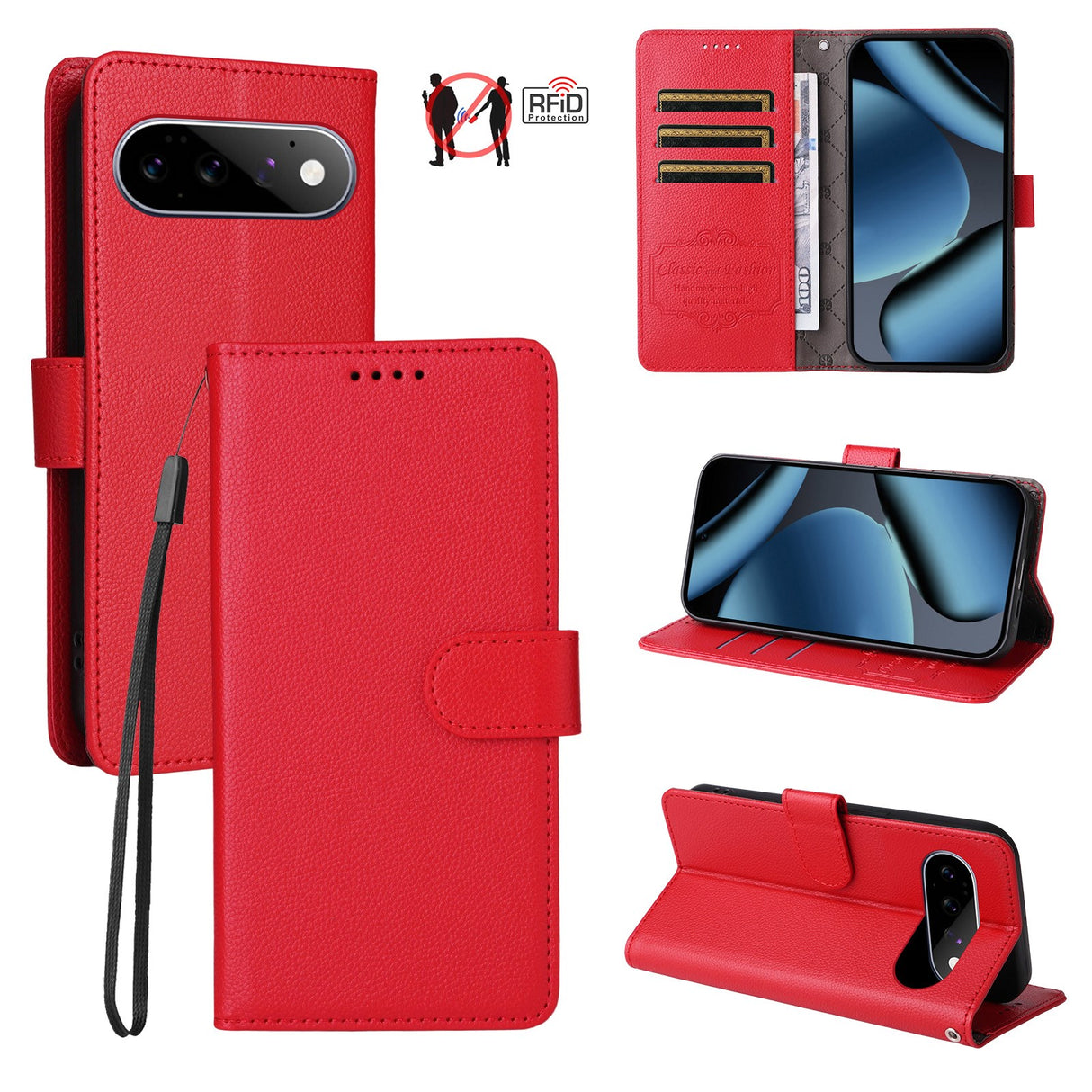 EIDERWOOD Google Pixel 11 / 11 Pro Flip Case - Card Holder & Wrist Strap - Red