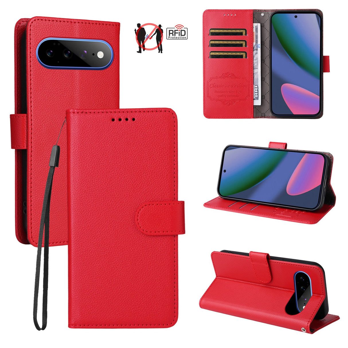 EIDERWOOD Google Pixel 11 Pro XL Flip Case - Card Holder & Wrist Strap - Red