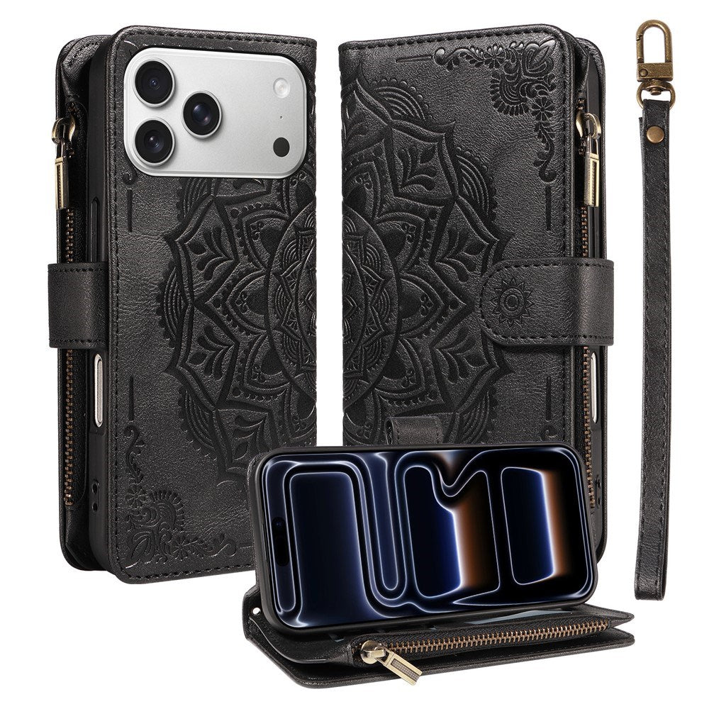 iPhone 17 Pro EIDERWOOD Flip Case with 9 x Card Holder - Zipper Pocket - RFDI Blocking - Strap - Black