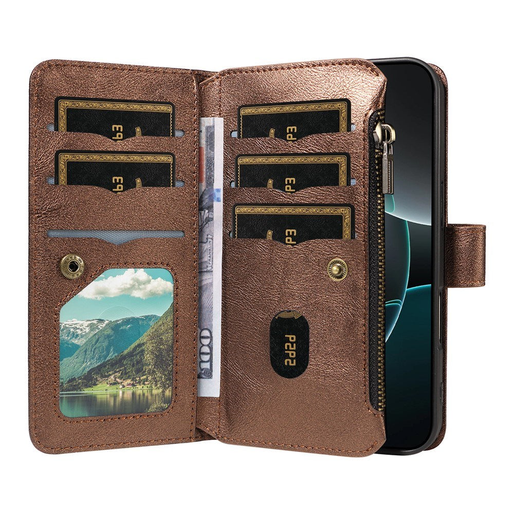iPhone 17 Pro EIDERWOOD Flip Case with 9 x Card Holder - Zipper Pocket - RFDI Blocking - Strap - Brown