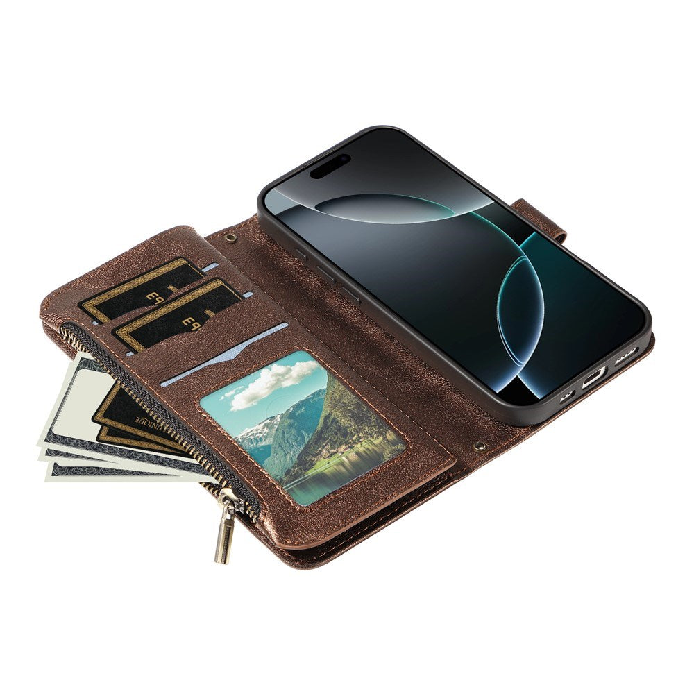 iPhone 17 Pro EIDERWOOD Flip Case with 9 x Card Holder - Zipper Pocket - RFDI Blocking - Strap - Brown
