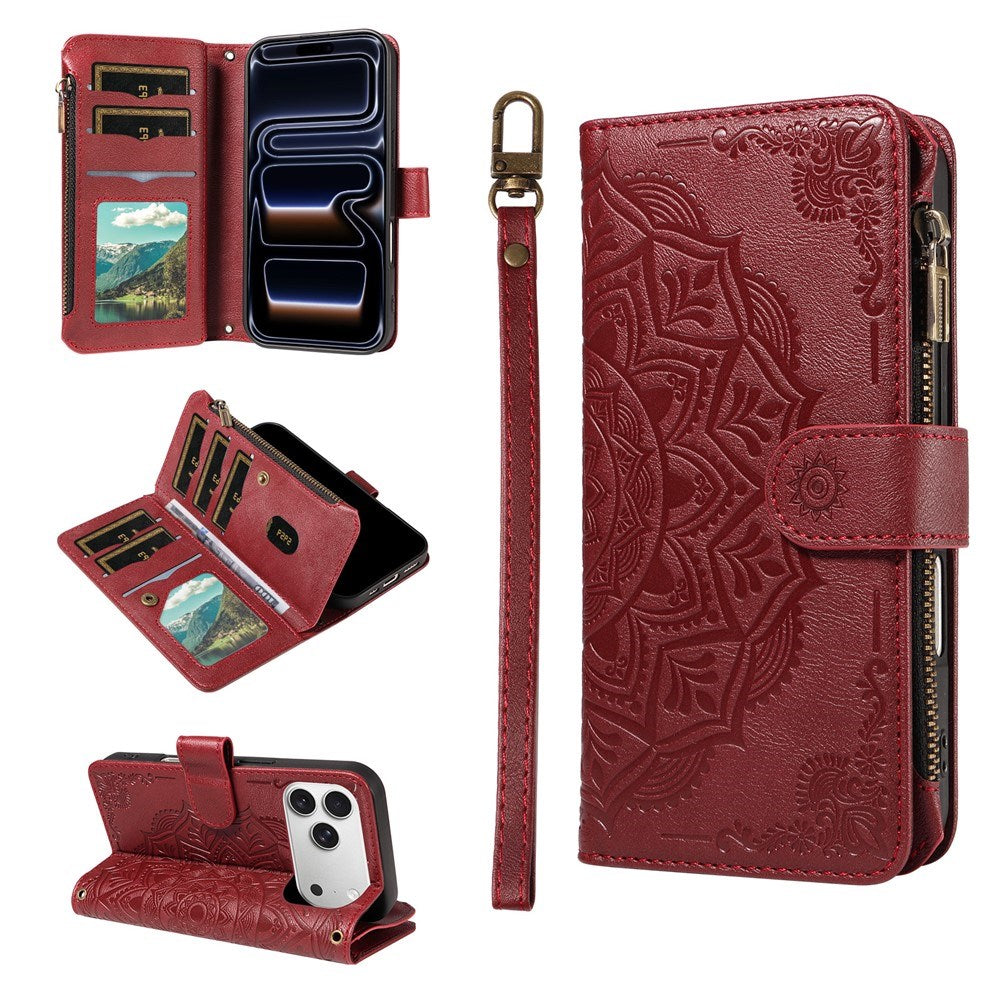 iPhone 17 Pro EIDERWOOD Flip Case with 9 x Card Holder - Zipper Pocket - RFDI Blocking - Strap - Red