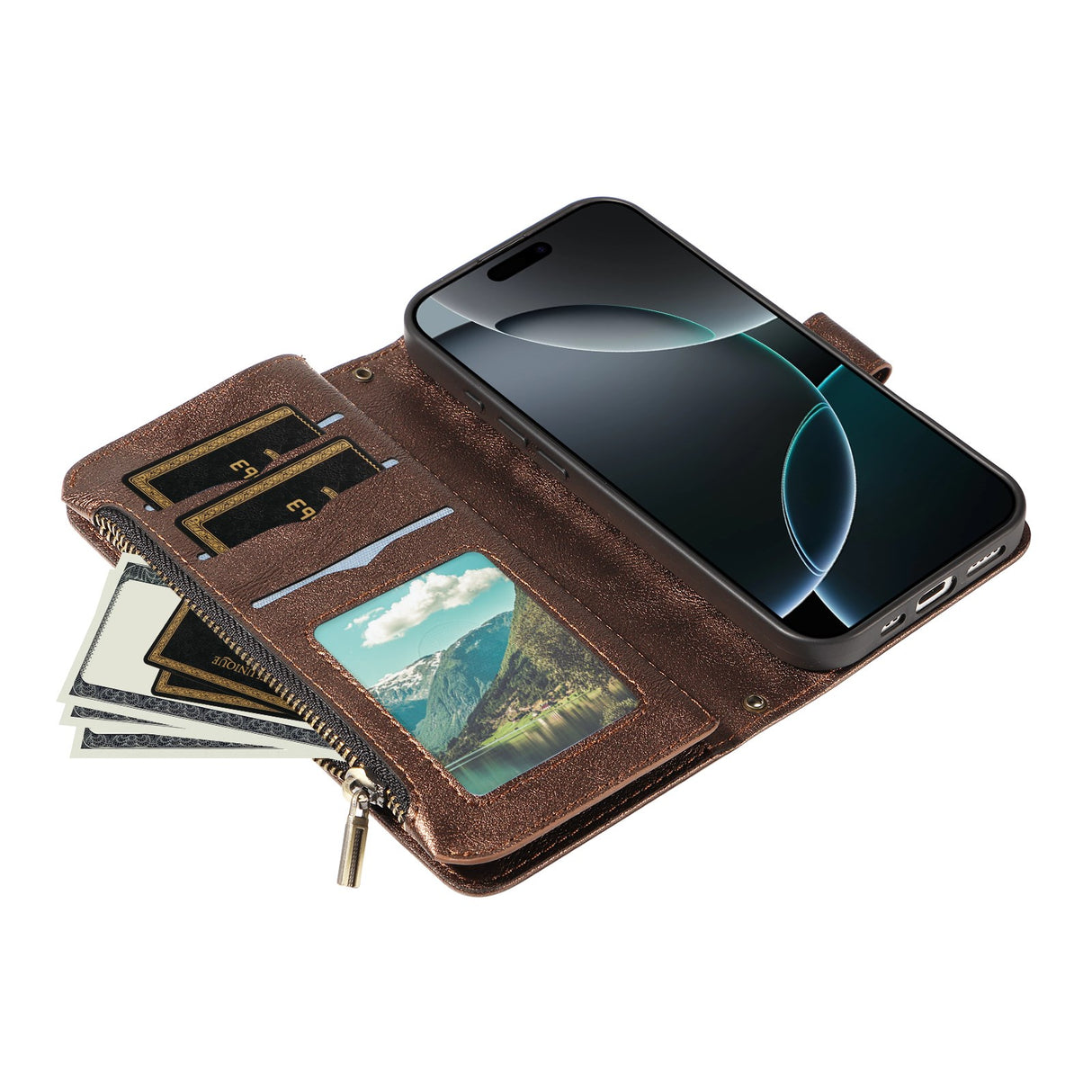 iPhone 17 EIDERWOOD Flip Case with 9 x Card Holder - Zipper Pocket - RFDI Blocking - Strap - Brown