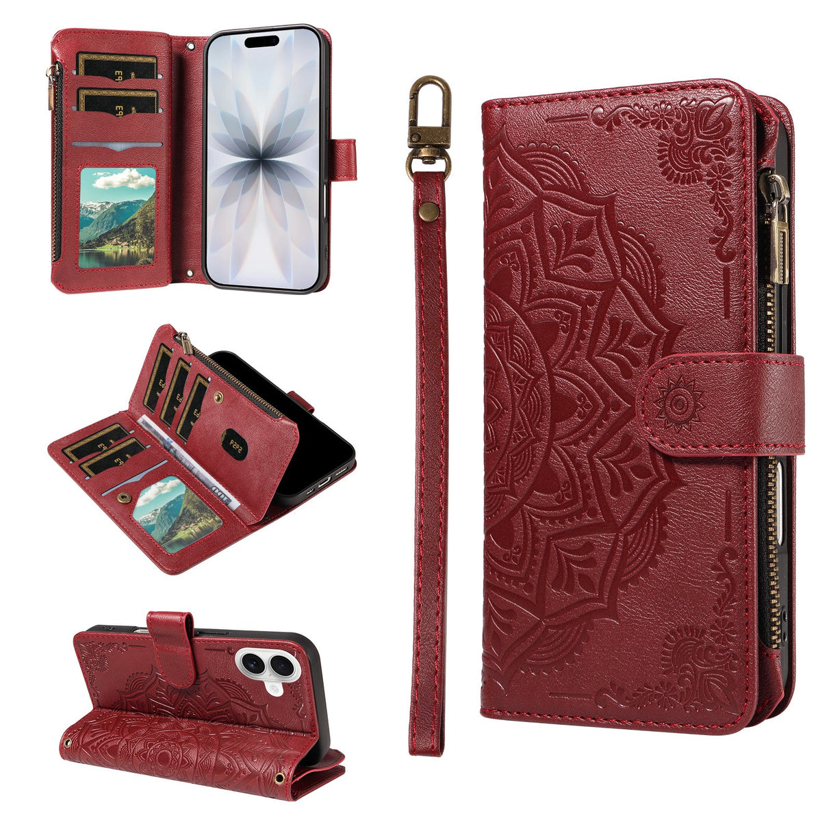 iPhone 17 EIDERWOOD Flip Case with 9 x Card Holder - Zipper Pocket - RFDI Blocking - Strap - Red