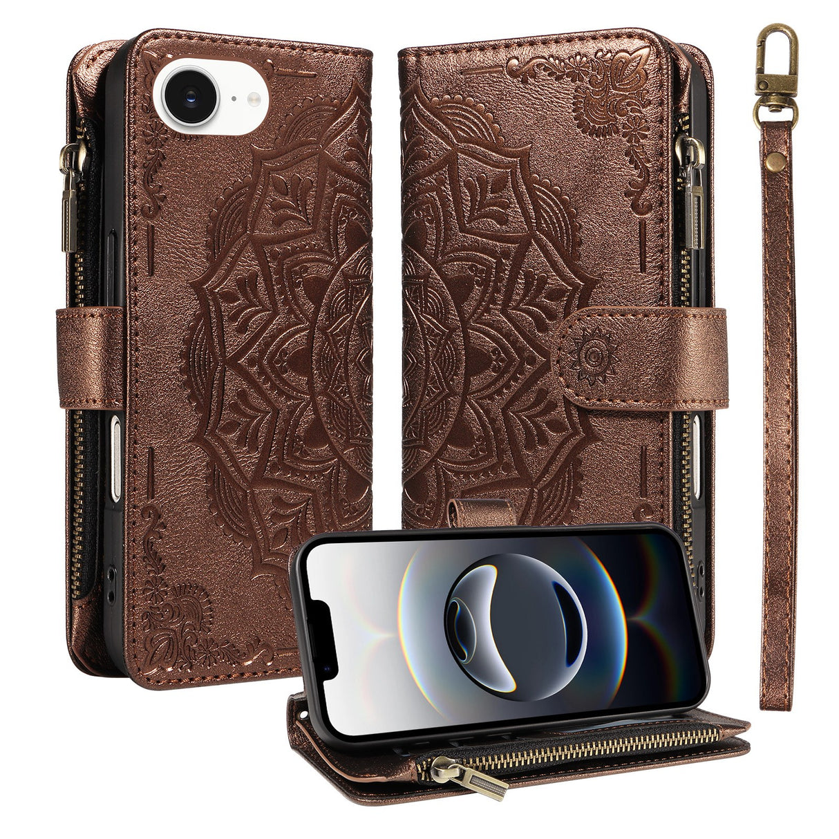 iPhone 17e / 16e EIDERWOOD Flip Case with 9 x Card Holder - Zipper Pocket - RFDI Blocking - Strap - Brown