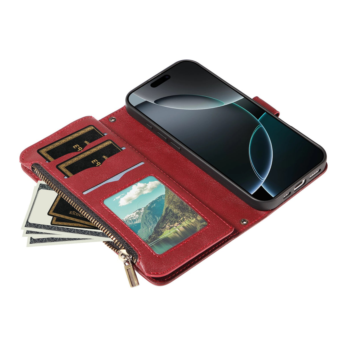 iPhone 17e / 16e EIDERWOOD Flip Case with 9 x Card Holder - Zipper Pocket - RFDI Blocking - Strap - Red