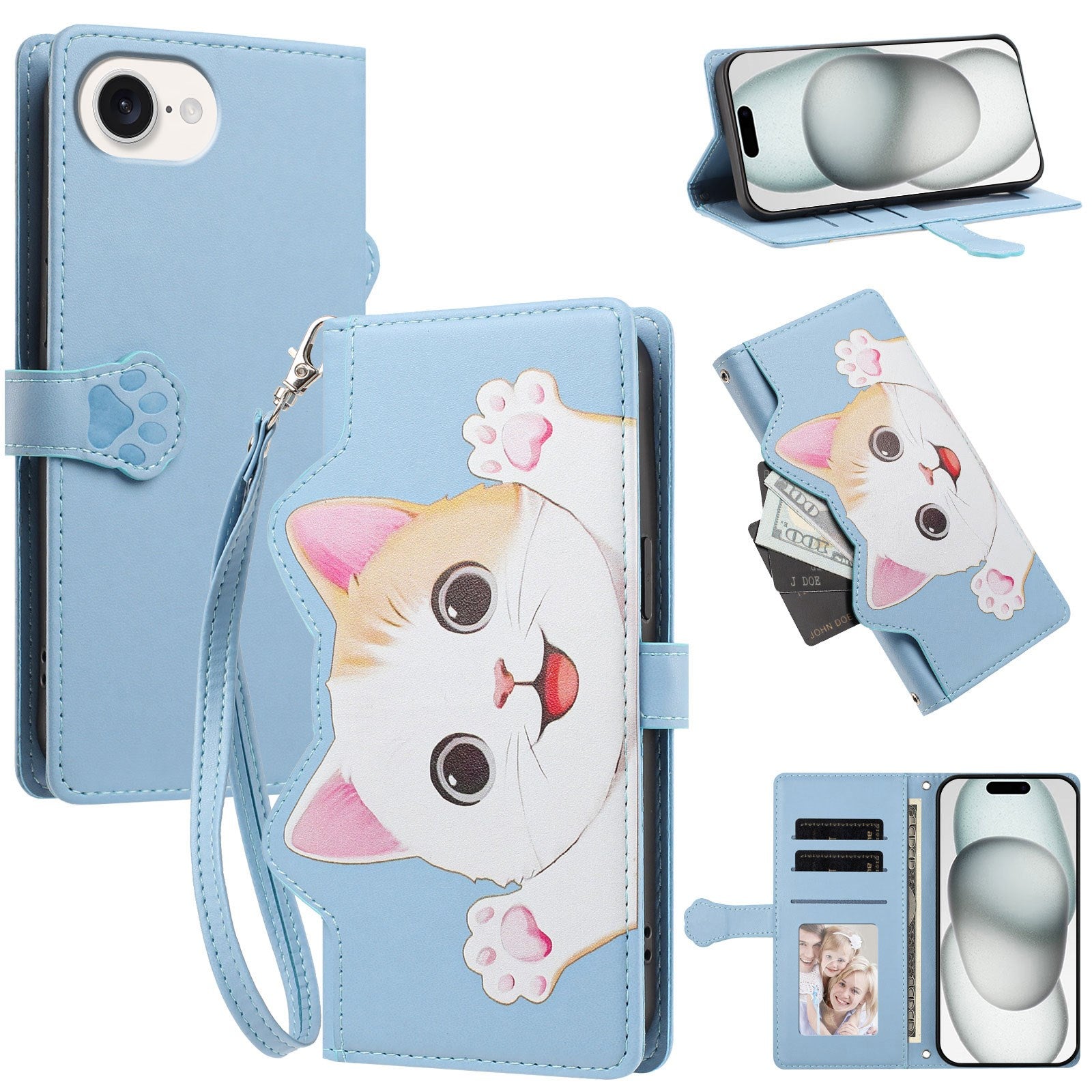 iPhone 17e / 16e Flipcase with 3D Cat Ears - Card Holder & Stand Function - Blue