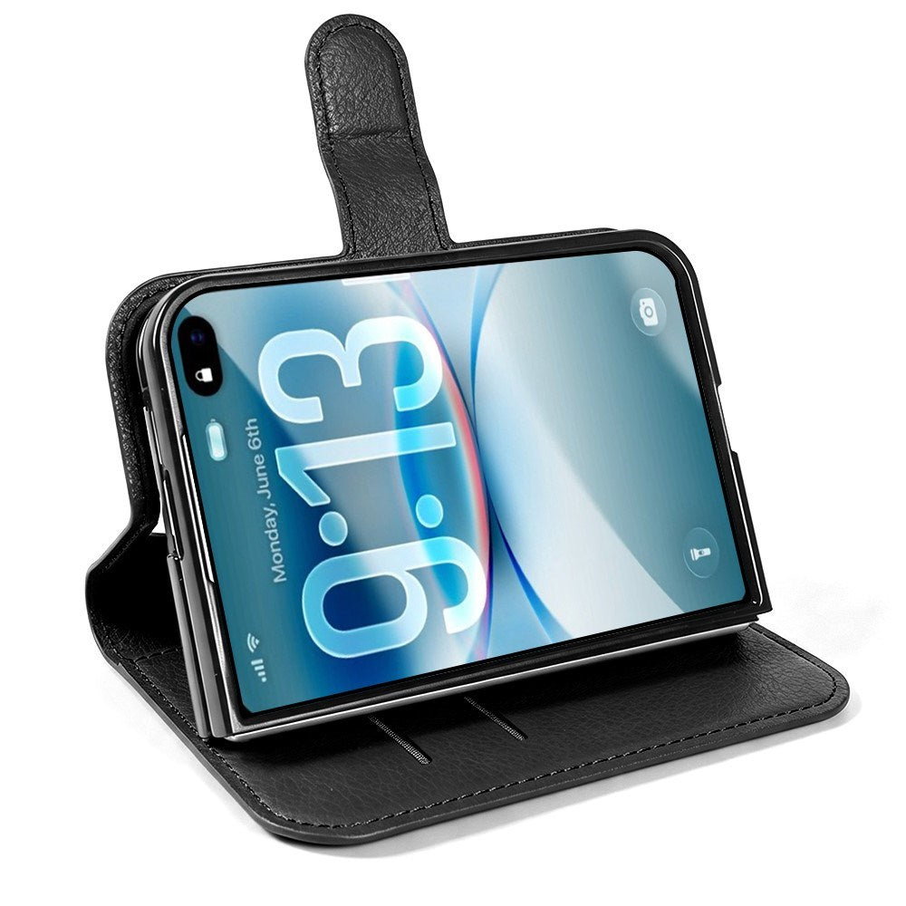 iPhone Fold EIDERWOOD Faux Leather Flip Case w. Card Holder & Stand Function - Black