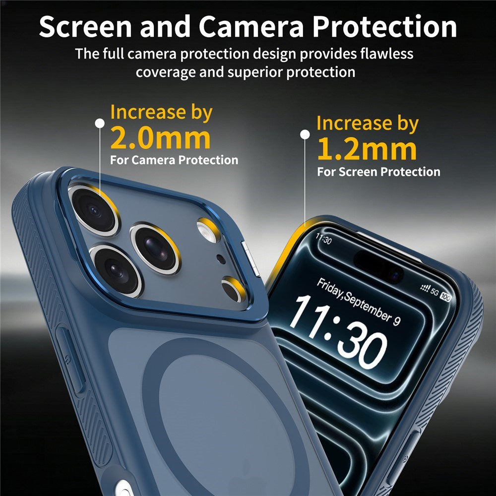 iPhone 18 Pro Max / 17 Pro Max Hybrid Plastic Case w. Shock-Absorbing Edges & Kickstand - MagSafe Compatible - Blue