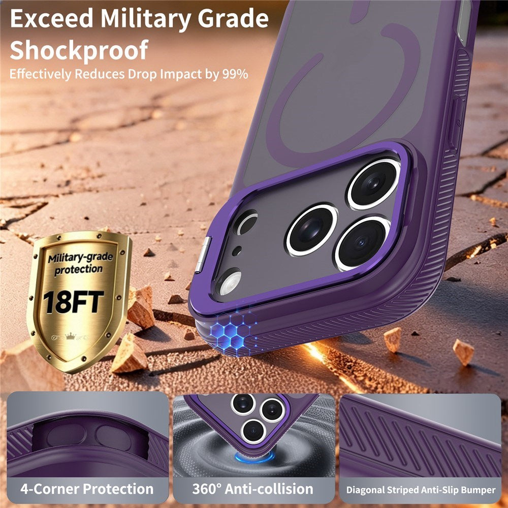 iPhone 18 Pro / 17 Pro Hybrid Plastic Case w. Shock-Absorbing Edges & Kickstand - MagSafe Compatible - Purple