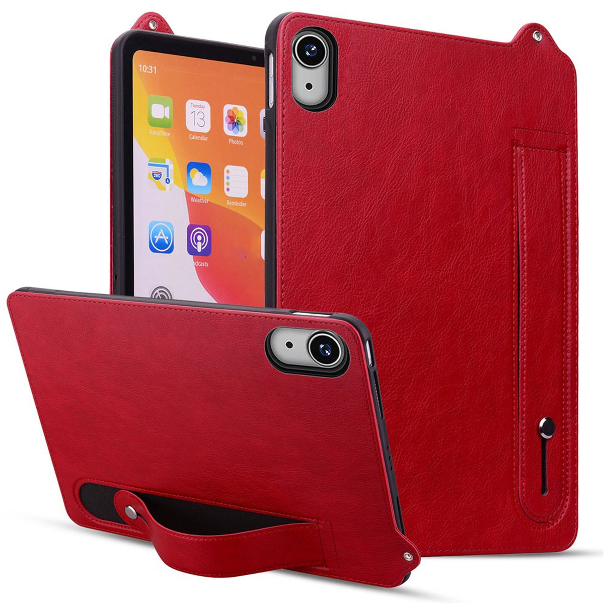 iPad Mini (2026) 8th Gen. EIDERWOOD Faux Leather Back Case with Strap Kickstand - Red