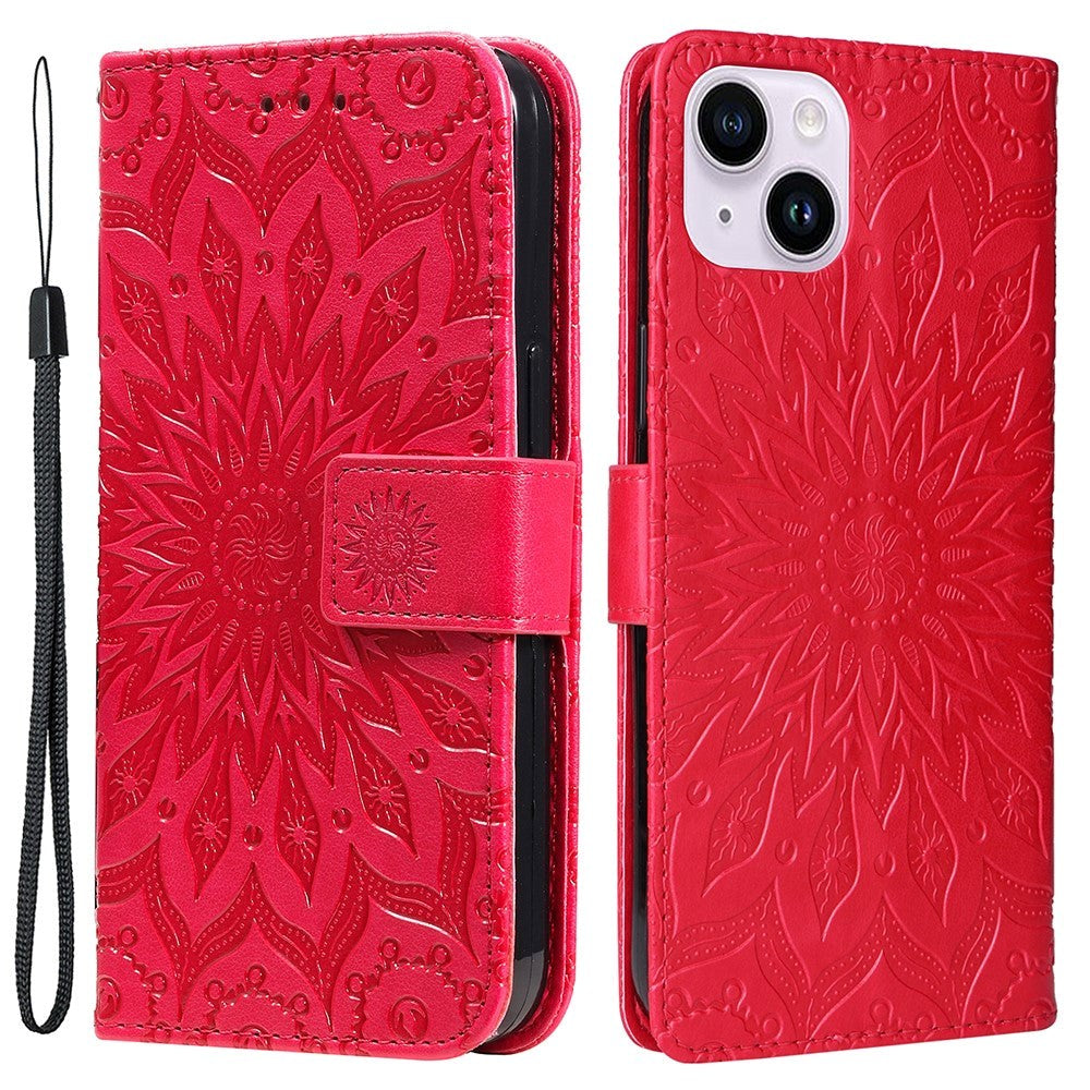 iPhone 15 Plus Leather Case with Wallet and Strap - Mandala Flower - Red
