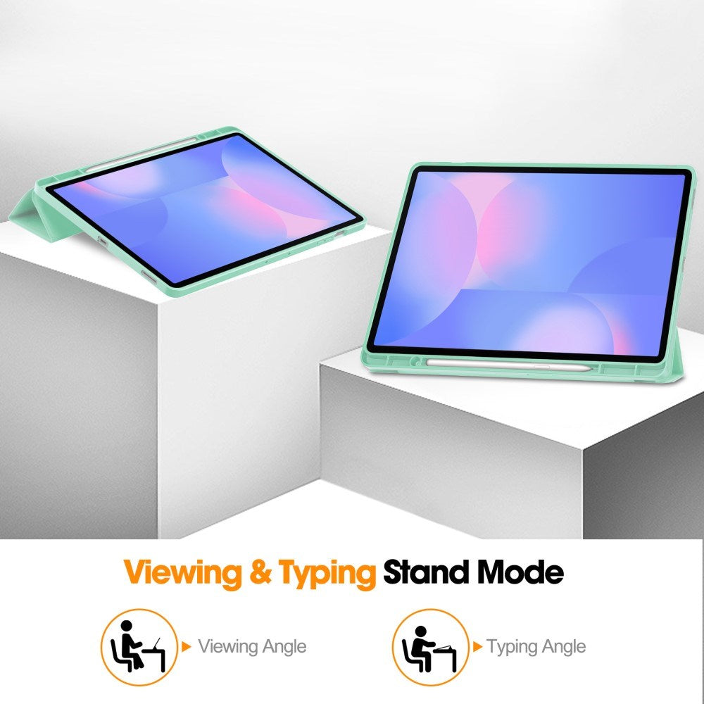 EIDERWOOD Samsung Galaxy Tab S10 FE+ (Plus) Tri-Fold Faux Leather Flip Case with Stylus Pen Holder - Light Green