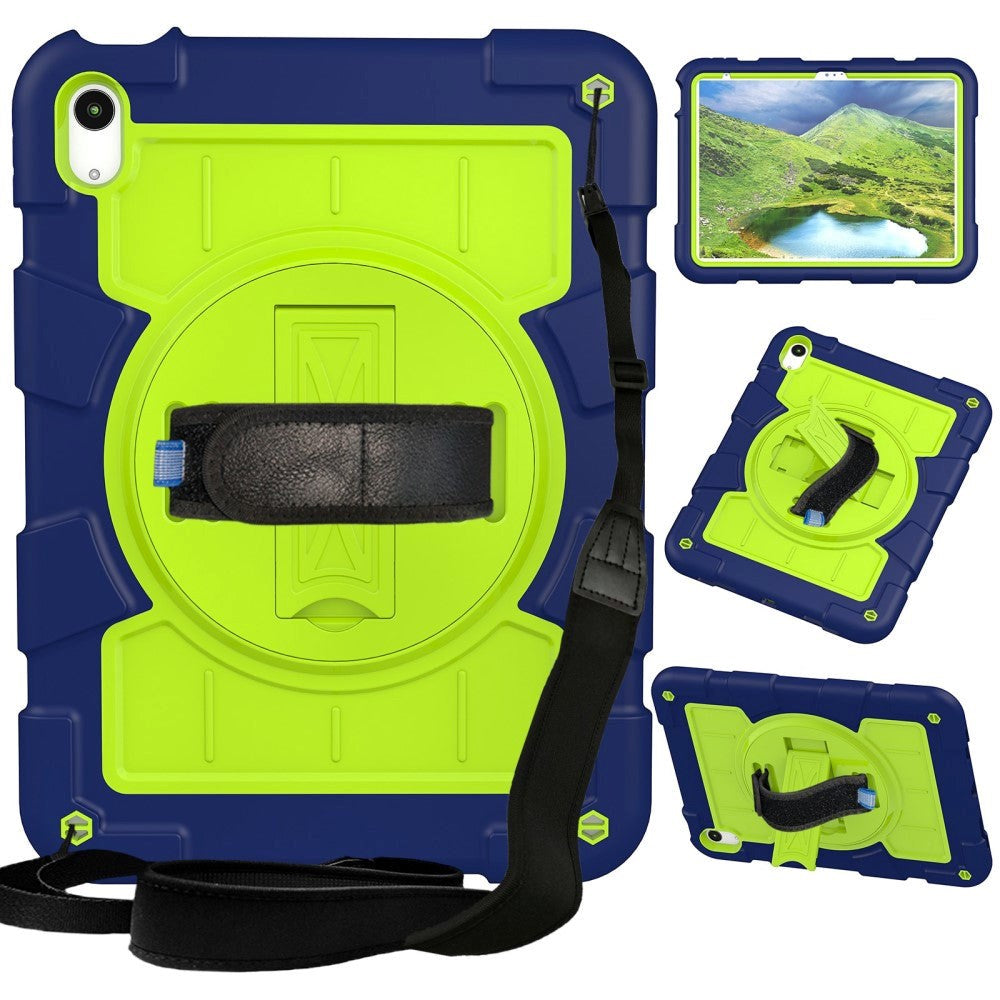iPad 10.9" (2024/2022) Tough Case w. Hand Holder, Kickstand & Shoulder Strap - Blue / Green