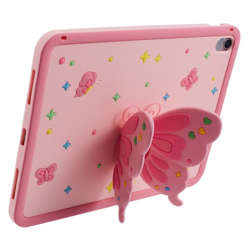 iPad 10.9" (2024/2022) Kids Case - Butterfly Kickstand Silicone Case w. Shoulder Strap - Pink