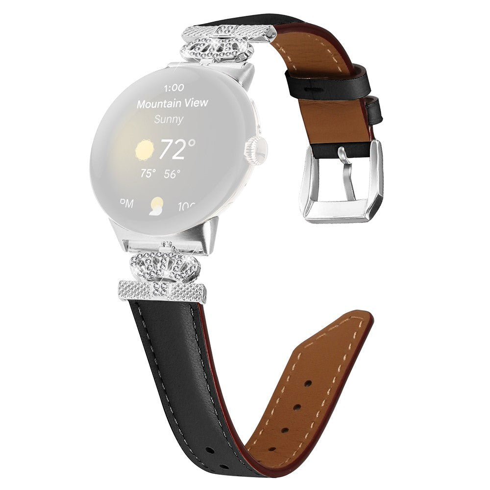 Google Pixel Watch 1 / 2 / 3 (41mm) Leather Strap w. Silver Rhinestone Buckle - Black