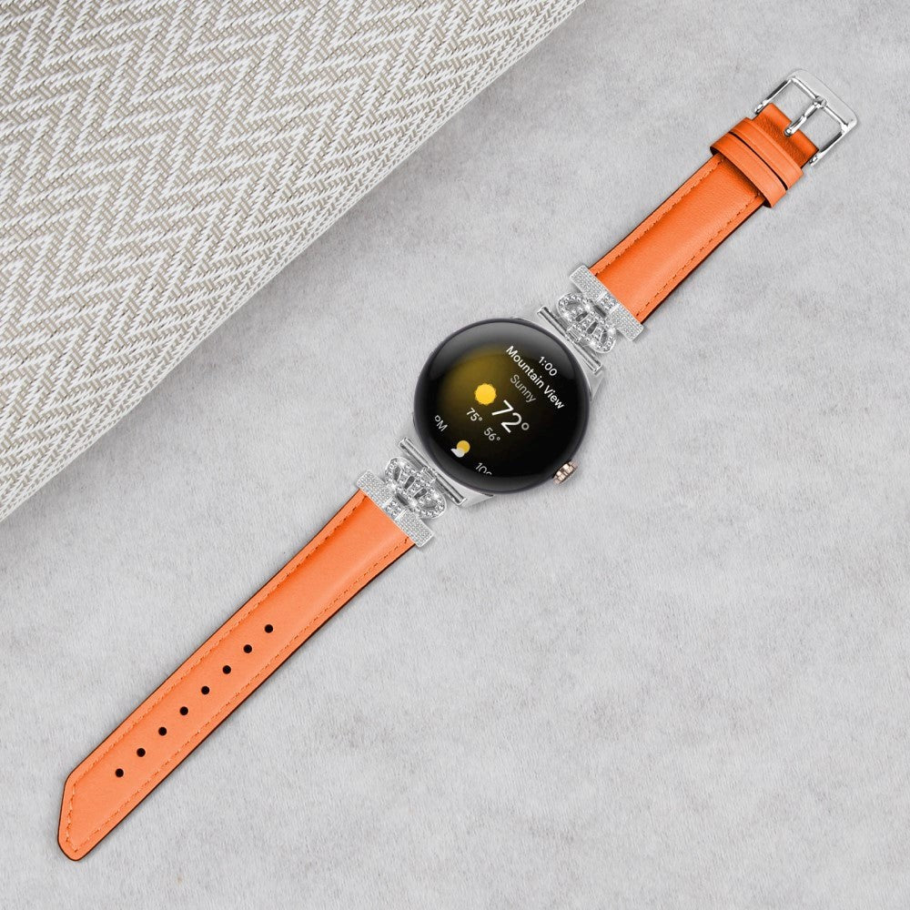 Google Pixel Watch 1 / 2 / 3 (41mm) Leather Strap w. Silver Rhinestone Buckle - Orange